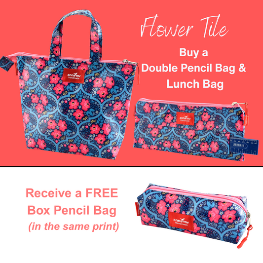 School Bundle – Lunch Bag + Double Pencil Bag + Free Box Pencil Bag (Choose Your Print)