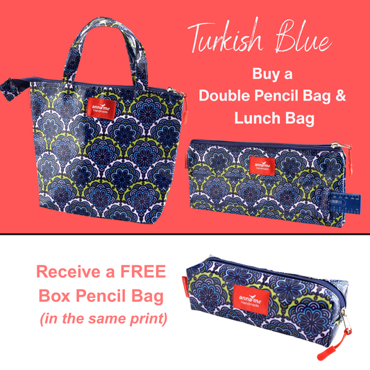 School Bundle – Lunch Bag + Double Pencil Bag + Free Box Pencil Bag (Choose Your Print)